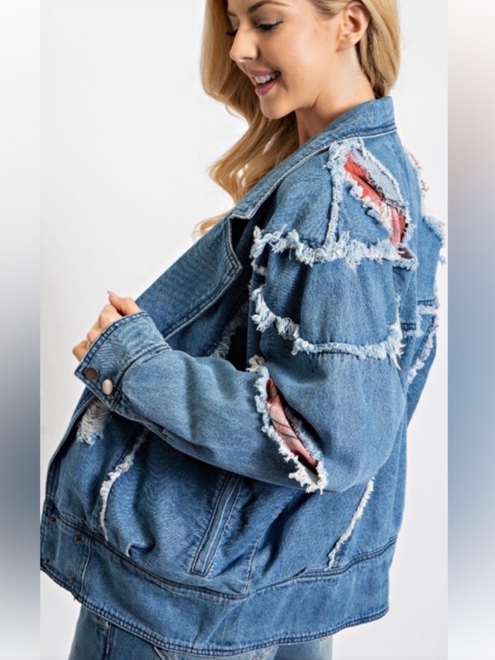 easel Blue Distressed Denim Jacket with Red Plaid Lining
